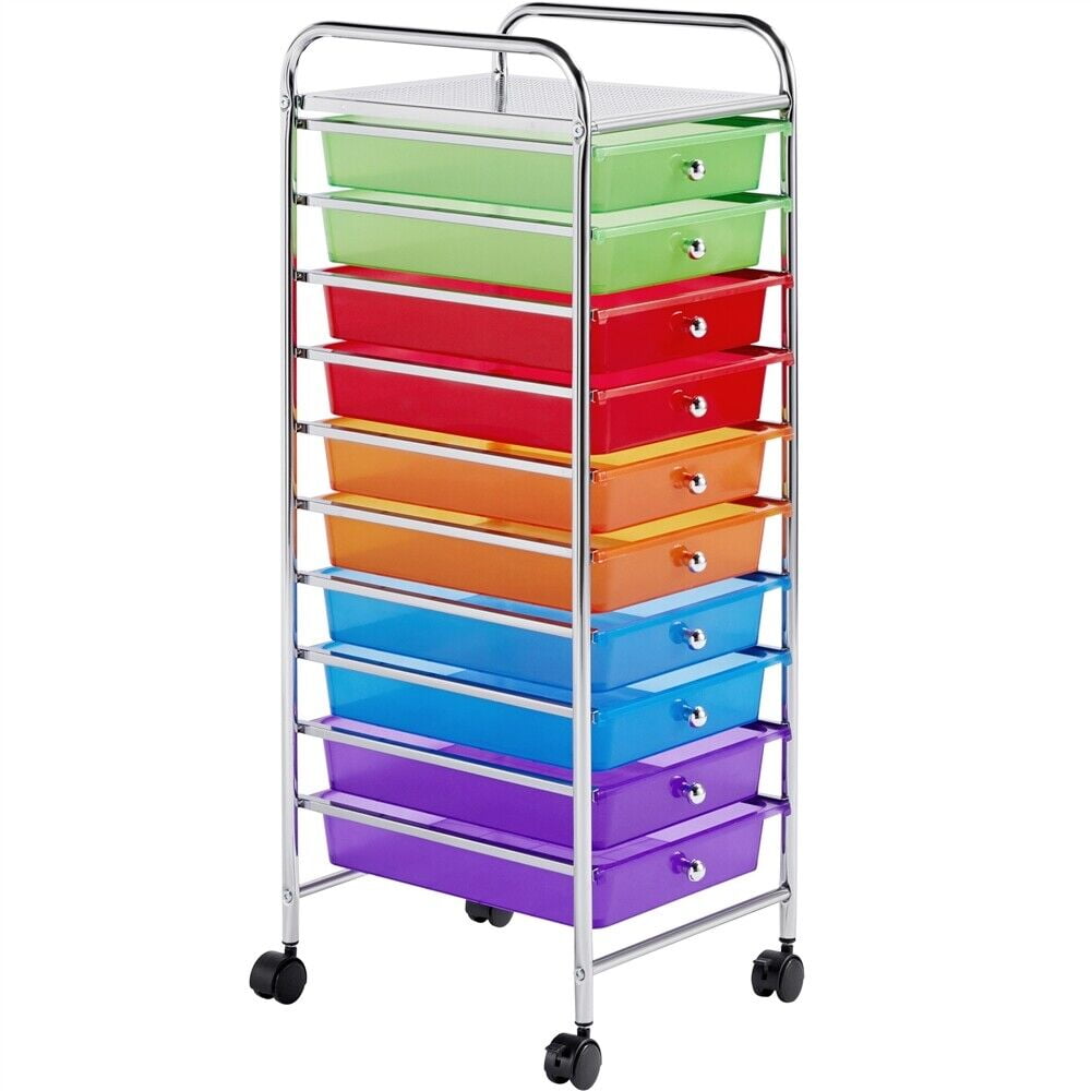 Multicolor 10-Drawer Rolling Storage Cart with Chrome Frame