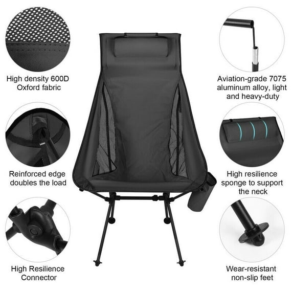 ChicCrest Camping Chair, High Back Portable Folding Chair, Aircraft Grade Aluminum Alloy Structure, Built-in Pillow, Side Pocket & Carry Bag, Compact & Heavy Duty for Outdoor Backpacking-Black