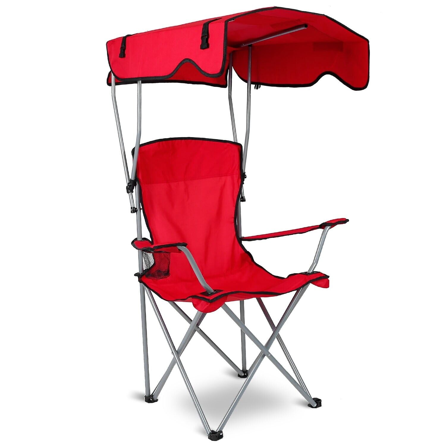 Red Foldable Camping Chair with Canopy and Cup Holder