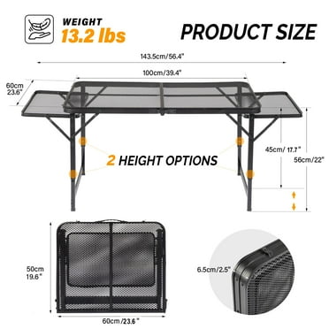 ChicCrest Folding Grill Table, Portable Camping Table with 2 Wing Panels, Height Adjustable Metal Table with Mesh Desktop and Mesh Bag, Outdoor Table for Camping, Picnic, Beach and BBQ-4.7 FT