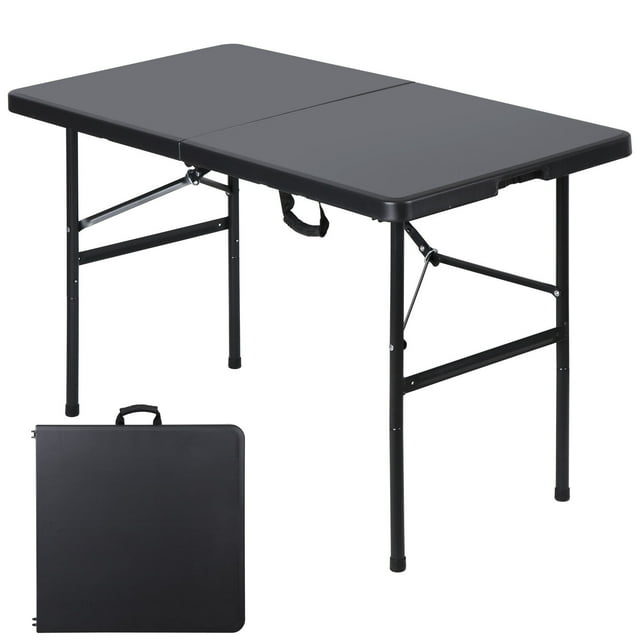 ChicCrest Portable 4 Foot Plastic Folding Table, Indoor Outdoor Heavy Duty Fold-in-Half Picnic Party Camping Barbecues Table with Carrying Handle-Black