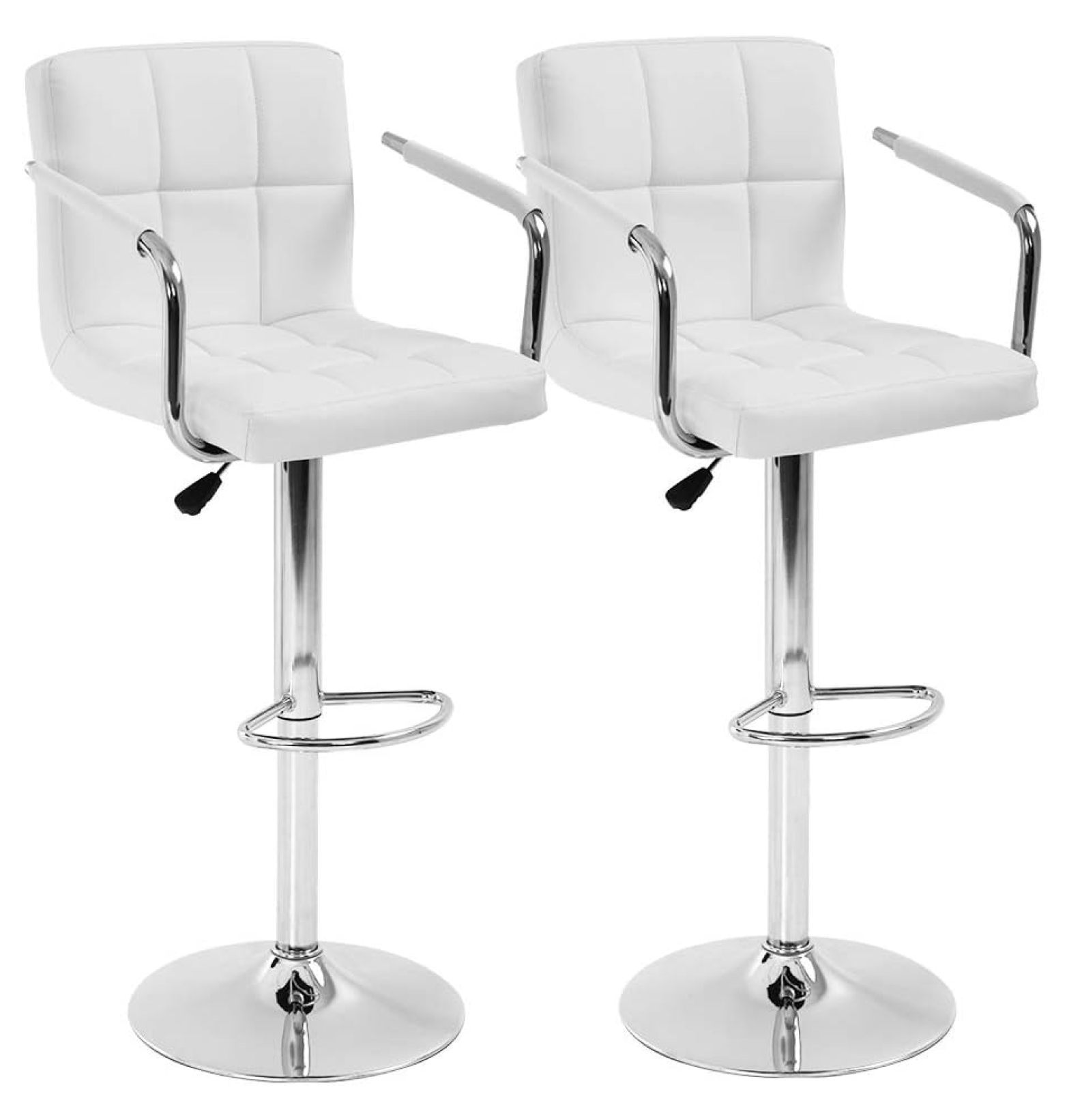 White Adjustable Swivel Leather Bar Stools with Chrome Base, Set of 2