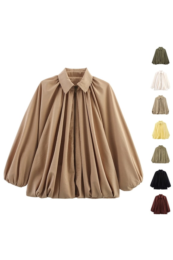 Oversized Puffed Bomber Jacket Women's Trendy Batwing Sleeve Lapel Collar Zip Front Womens Jackets Pleated Shirts Casual Black M