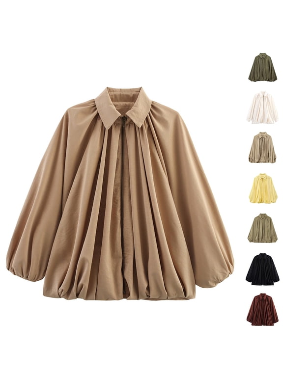 Puffed Bomber Jacket Women's Batwing Sleeve Oversized Lapel Collar Zip Front Streetwear Womens Jacket Pleated Shirts Fashion Black M