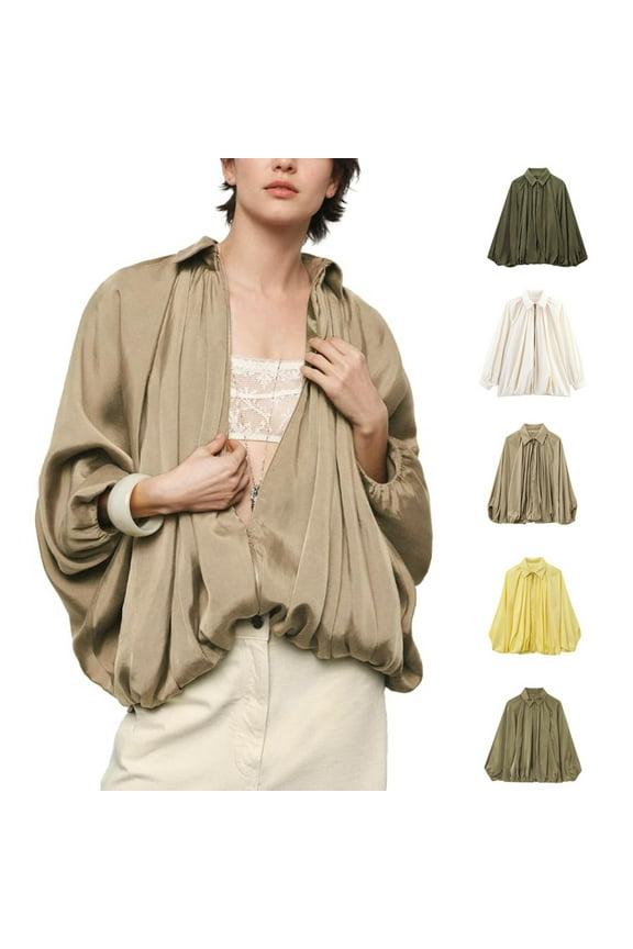 Puffed Bomber Jacket Women's Casual Oversized Batwing Sleeve Lapel Collar Zip Front Streetwear Cropped Bomber Jacket Women Pleated Shirts Trendy​ Khaki M