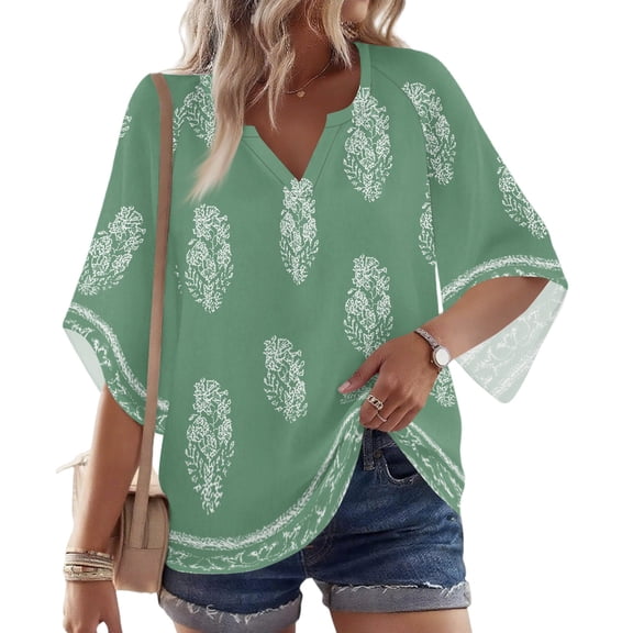 ChicHaven Women Blouses Dressy Casual 3/4 Sleeve Dressy Shirts Summer Fall V Neck Paisley Print Work Tops for Women Plus Size Tunics or Tops to Wear with Leggings Hide Belly Mint Green M