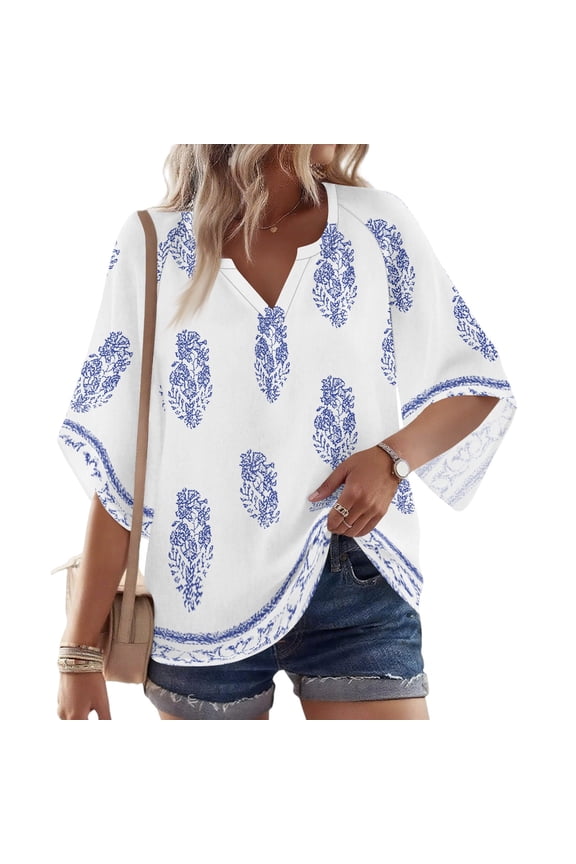 Women Blouses Dressy Casual 3/4 Sleeve Dressy Shirts Summer Fall V Neck Paisley Print Work Tops for Women Plus Size Tunics or Tops to Wear with Leggings Hide Belly White XL