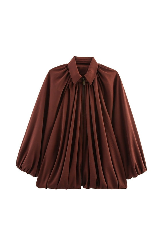 Women's Lapel Collar Zip Puffed Bomber Jacket Oversized Batwing Sleeve Casual Streetwear Womens Jackets Casual Pleated Shirts Trendy Deep Red L