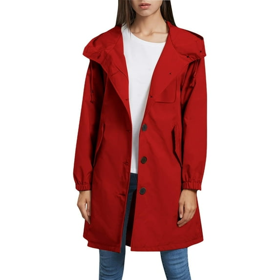 ChicHaven Women's Raincoats Lightweight Waterproof Windproof Rain Jacket Adjustable Hooded Windbreaker with Pockets Red 2XL