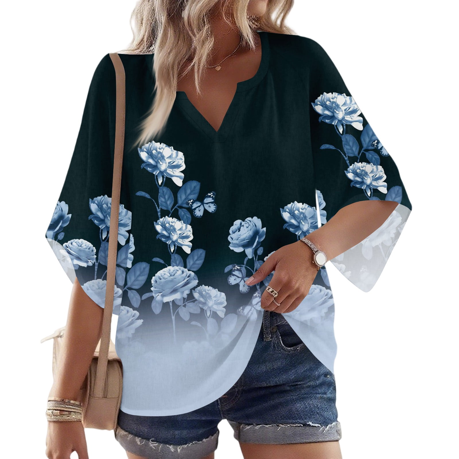 MONNURO Women's 3/4 Sleeve Tunic Top - Loose Fit Plus Size Blouse, Tie Dye Blue, 1X