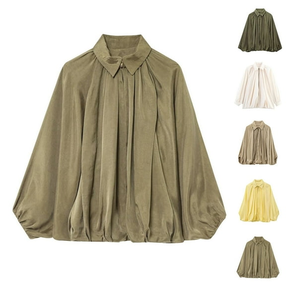 ChicHaven Womens Jackets Casual Puffed Bomber Jacket Oversized Batwing Sleeve Lapel Collar Zip Streetwear Pleated Shirts Fashion Outerwear​ Army Green L