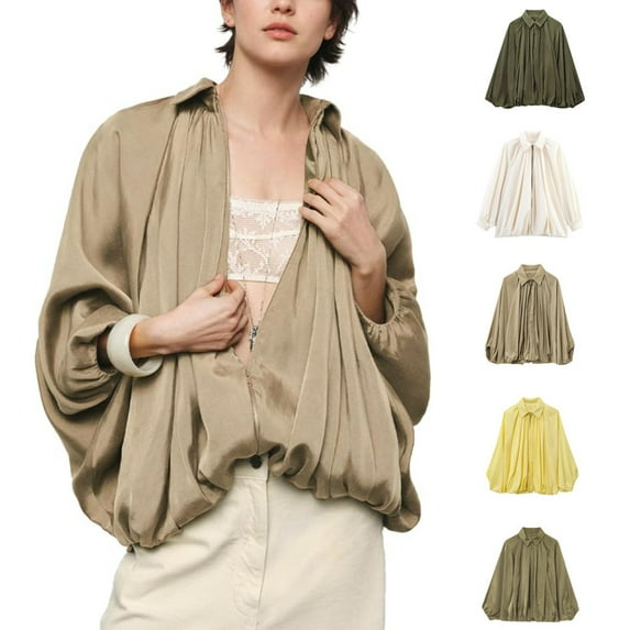 ChicHaven Womens Puffed Bomber Jacket Casual Batwing Sleeve Lapel Collar Zip Shirts Oversized Pleated Streetwear Jackets Beige S
