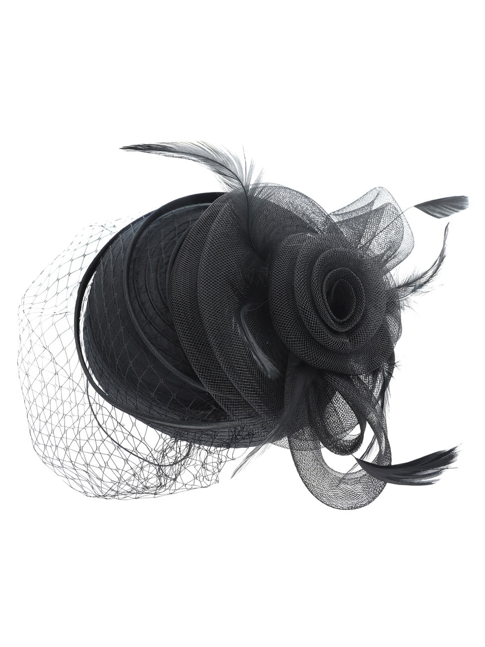 ChicHeadwear Braid Pill Hat w/ Mesh Veil and Feathers - Black