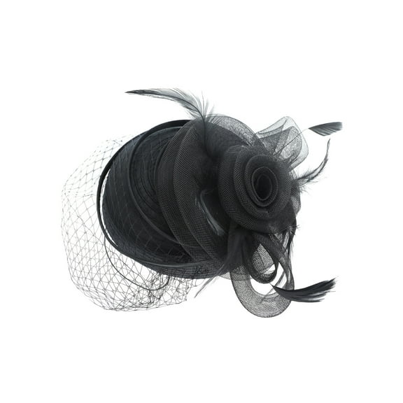 ChicHeadwear Braid Pill Hat w/ Mesh Veil and Feathers - Black