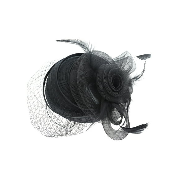 ChicHeadwear Braid Pill Hat w/ Mesh Veil and Feathers - Black