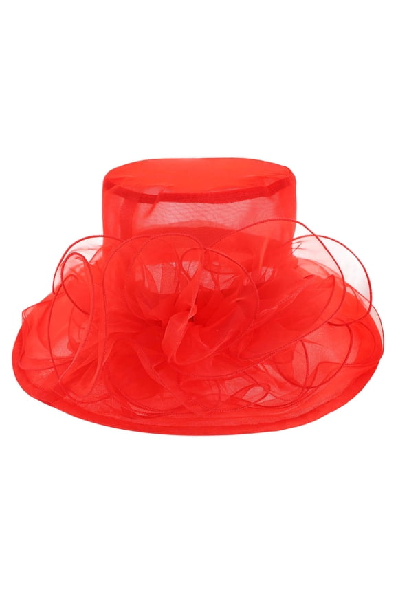 ChicHeadwear Church Tea Party Organza Floral Sun Hat - Red