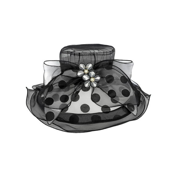 ChicHeadwear Church Tea Party Organza Polka Dot Bow Sun Hat - Black/White