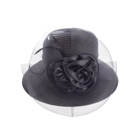 ChicHeadwear Floral Feather Veil Netting Wide Brim Derby Church Hat - Black