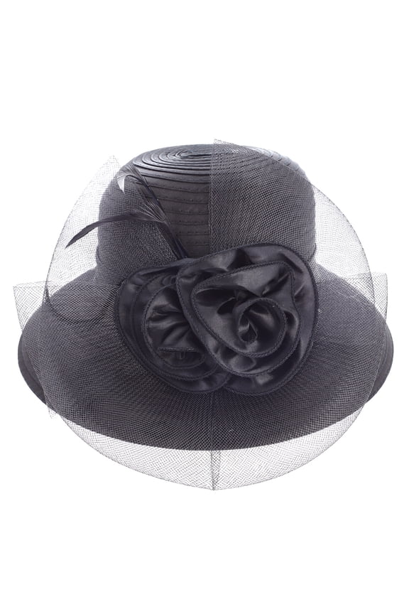 ChicHeadwear Floral Feather Veil Netting Wide Brim Derby Church Hat - Black