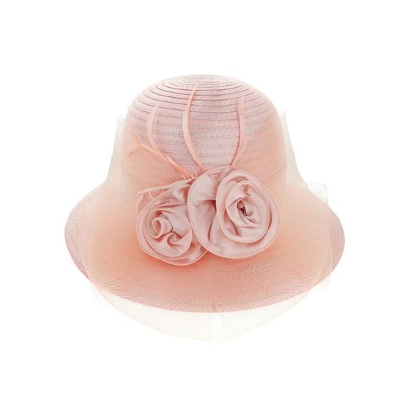 ChicHeadwear Floral Feather Veil Netting Wide Brim Derby Church Hat - Peach