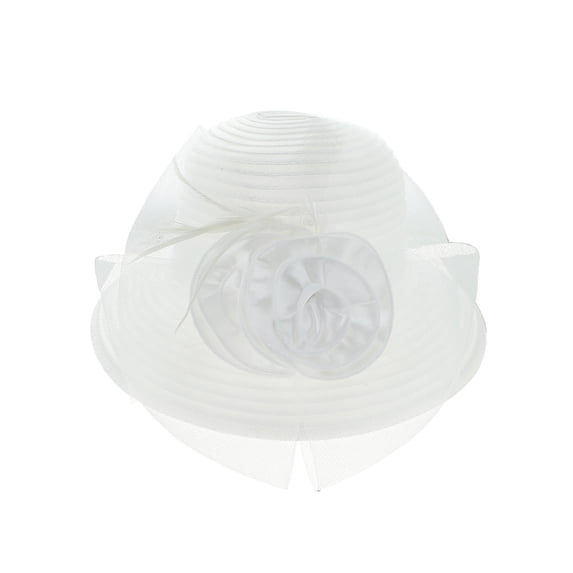 ChicHeadwear Floral Feather Veil Netting Wide Brim Derby Church Hat - White