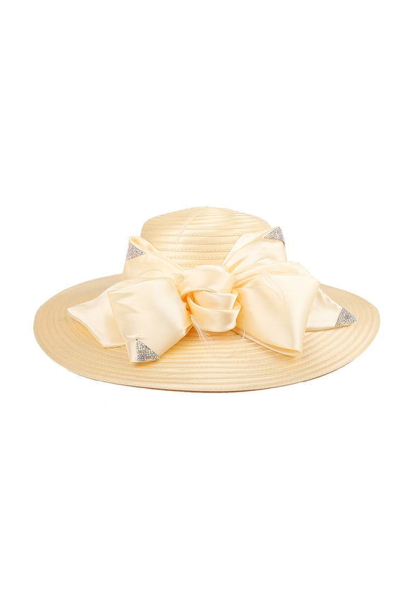 ChicHeadwear Large Brim Bow Feather Detail Church Hat - Light Yellow