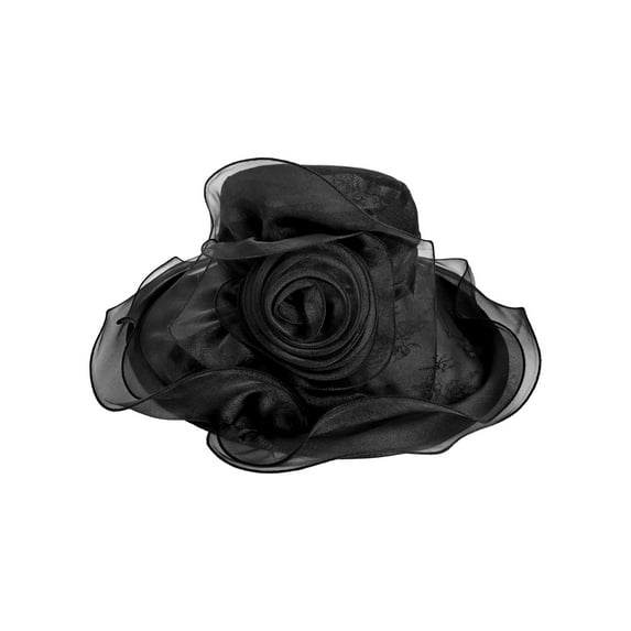 ChicHeadwear Large Brim Organza Floral Lace Big Rose Sun Hat - Black