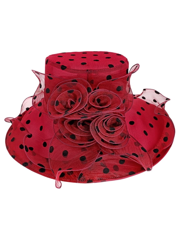 ChicHeadwear Large Brim Organza Polka Dot Church Sun Hat - Burgundy