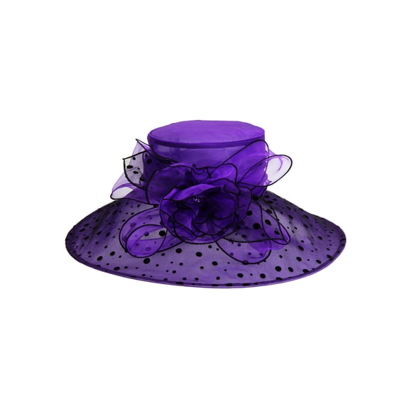 ChicHeadwear Large Brim Polka Dot Organza Hat w/ Stone - Purple