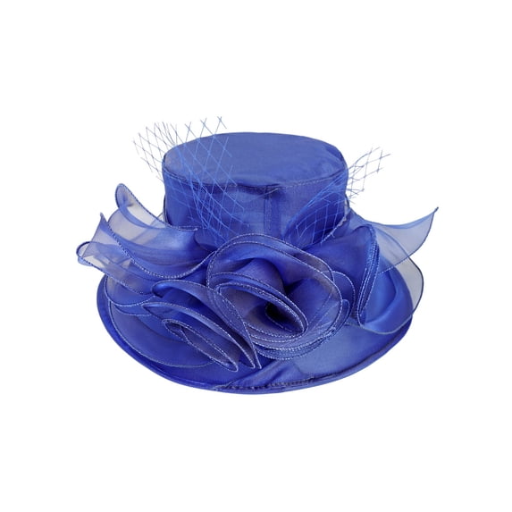 ChicHeadwear Medium Brim Organza Rose Cluster Sun Hat - Royal