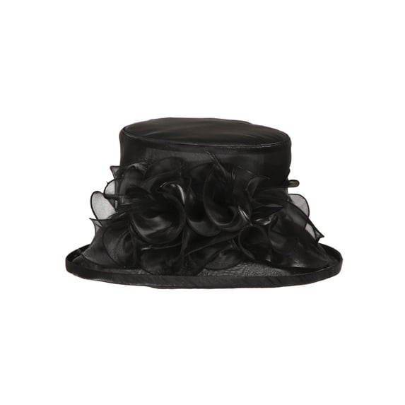 ChicHeadwear Medium Brim Ruffle Organza Hat w/ Floral Center - Black