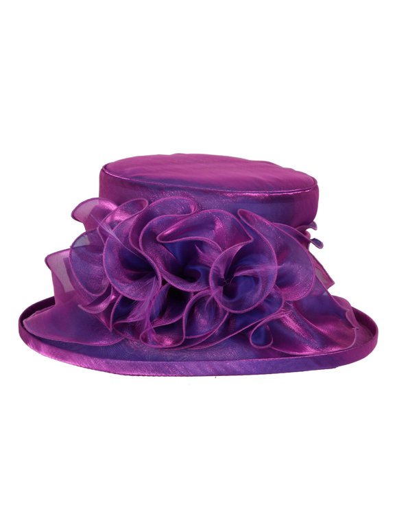 ChicHeadwear Medium Brim Ruffle Organza Hat w/ Floral Center - Purple