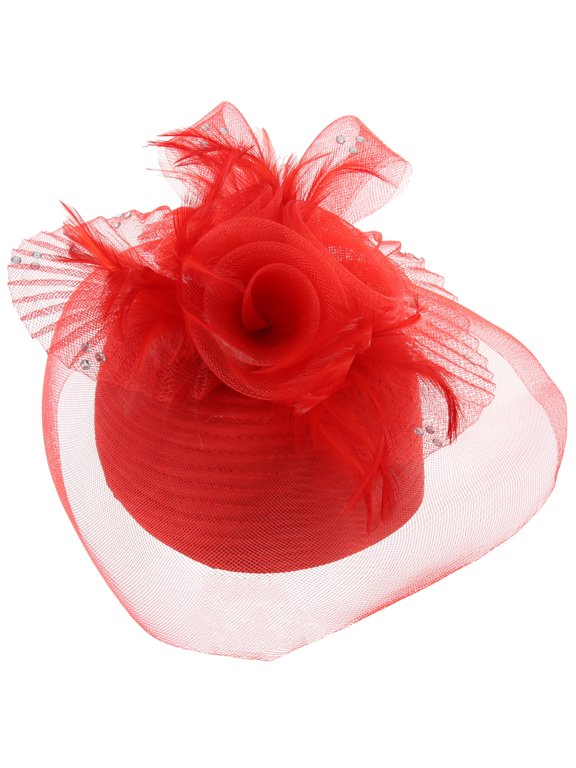 ChicHeadwear Three Rose Stone Feather Mesh Pillbox - Red