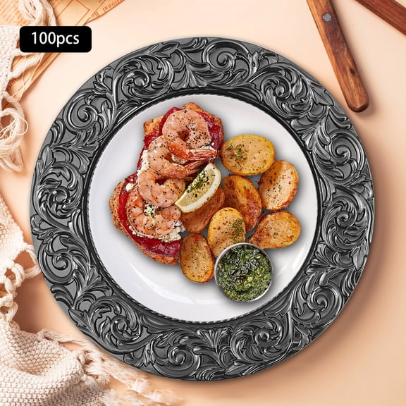 ChicHomey 100 PCS Black Plastic Charger Plates,13''Round Disposable Embossed Rim Elegant Charger Plates,Stackable & Space-Saving for Home Dining, Restaurants & Events