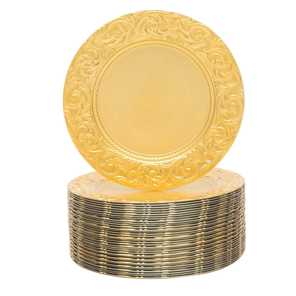 ChicHomey 100 Pcs Gold Charger Plates,13in  PP Material Embossed Dinner Plate,Lightweight & Stackable Storage,for Weddings, Parties & Events