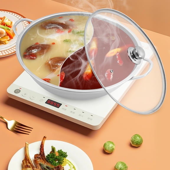 ChicHomey 13-Inch Stainless Steel Hot Pot with Clear Lid,Non-Stick & Rust-Resistant,Divided Mandarin Duck,for Induction/Gas/Electric Stoves, Family-Size Cooking