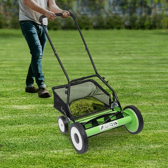 ChicHomey 16"Cordless Manual Reel Lawn Mower,5-Blades Lawn Mover Adjustable Cutting Height Grass Cutter with Grass Catcher, Green