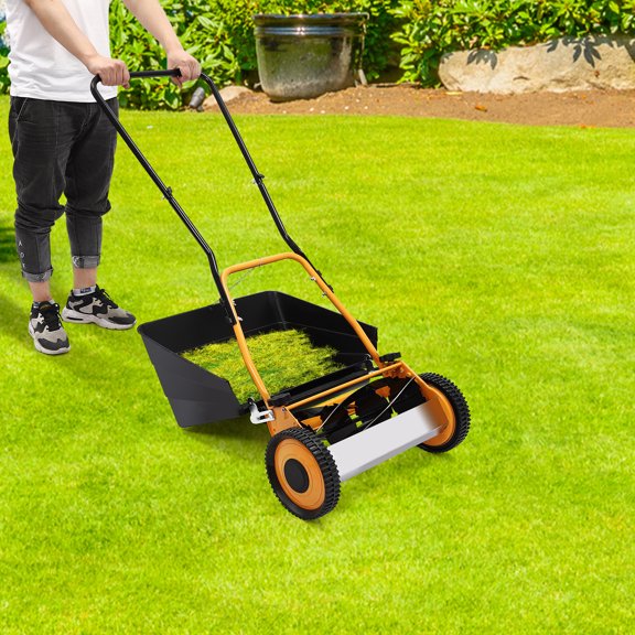 ChicHomey 16-Inch Manual Push Lawn Mower,4-Blade,Adjustable 0.47-1.65Inch Height with Grass Collection for Home/Garden/Yard Maintenance