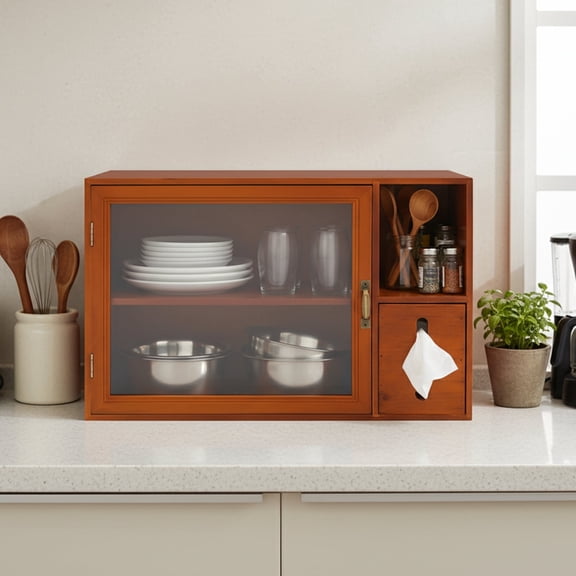 ChicHomey 2-Tier Small Retro Wood Storage Cabinet for Countertop,with Acrylic door,For Kitchen Coffee Corner Office