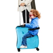 ChicHomey 20 Inch Blue Kids Ride-On Suitcase with Cartoon Stickers | Fun Travel Luggage with Wheels | Childrens Trunk for 3-6 years old