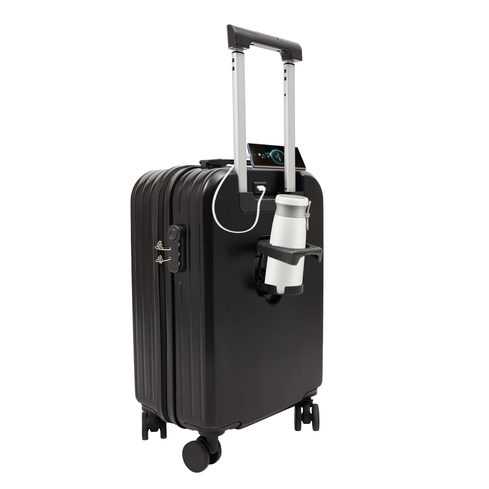 ChicHomey 20"Travel Luggage Suitcase,with Cup Holder & 3-Digit Lock,Poratble Carry On Luggage Suitcase,4-Wheel Spinner Black