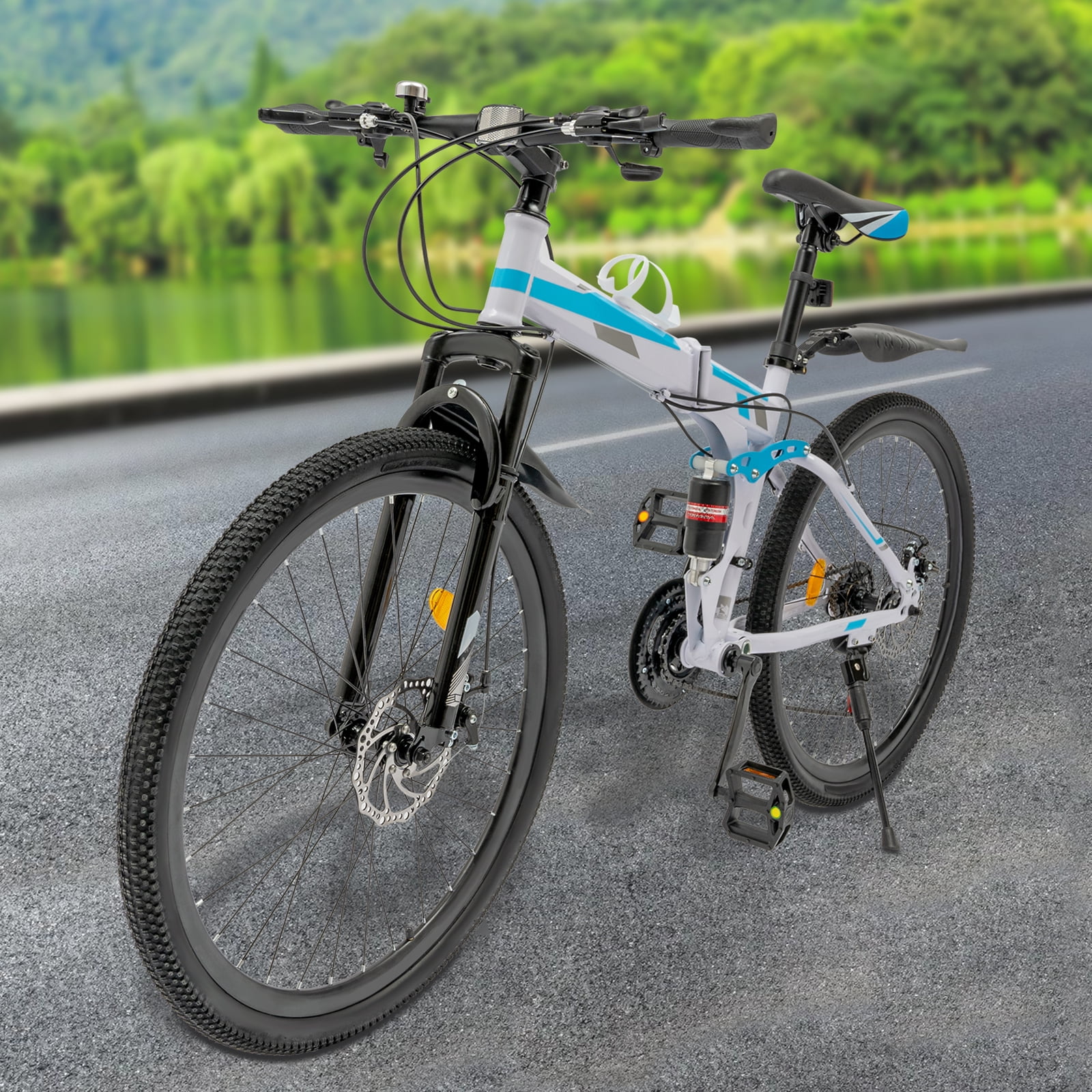 ChicHomey 26" Folding Mountain Bike-- 21-Speed (3x7 Gears),264.5lbs Max Load,Dual Disc Brakes & Anti-Slip Tires for Urban/Outdoor Cycling,Blue&White
