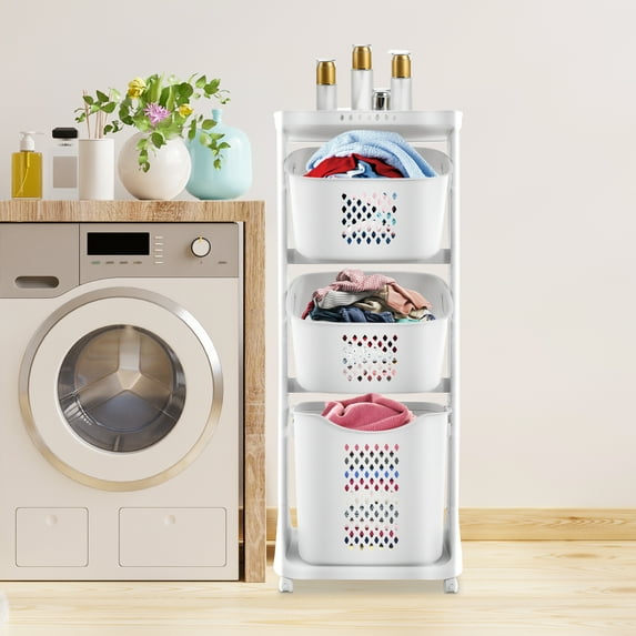 ChicHomey 3-Tier Laundry Basket with Pulley,Clothes Storage Basket w/Wheels,PP Large Capacity Storage Organizer for Bathroom, Laundry Room, Bedroom, Home Organization