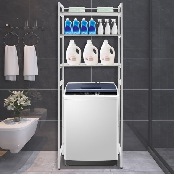 ChicHomey 3-Tier Vintage Washing Machine Shelf,Freestanding No Drill, for Laundry Room/Kitchen,White, Marbling