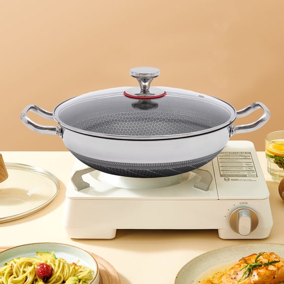 ChicHomey 316 Stainless Steel Nonstick Pan,Micro-Convex Texture,Nonstick,Glass Lid,Two Handle Hold,for all hobs, Silver