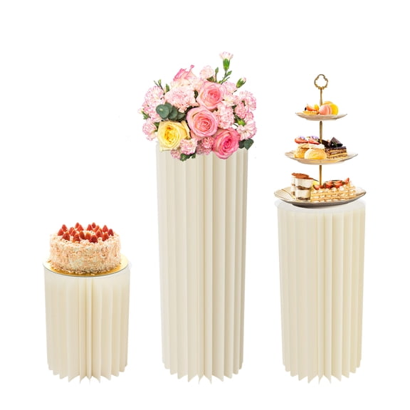 ChicHomey 3pcs Foldable Cardboard Centerpiece Display,Wedding Backdrop Decor with PVC Top,3 Heights (16", 24", 32"),Columns Display for Wedding Party Garden Decoration,Milky White
