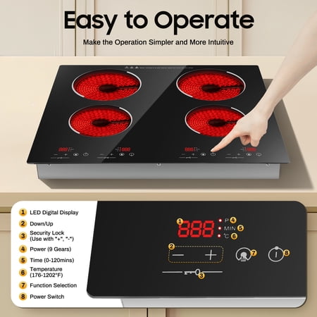 ChicHomey 4 Burner Electric Ceramic Cooktop 3000W,Built-in & Countertop Portable Stove with LED Touch Control,for Home Kitchen or Commercial Use