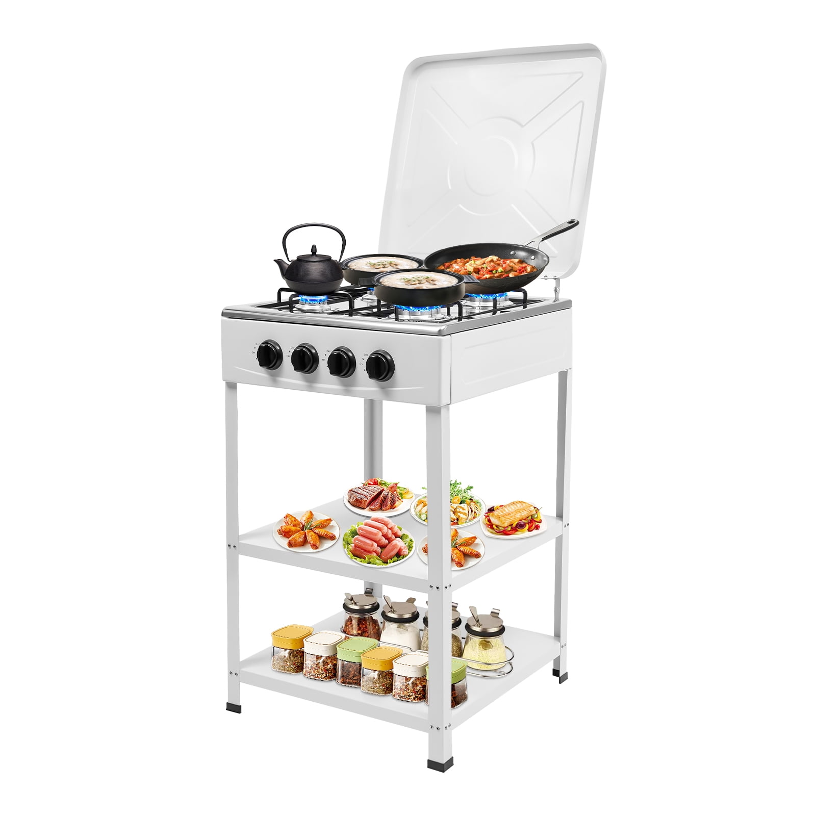 ChicHomey 4 Burner Gas Stove,Portable LNG Camping Stove Propane Stove with Support Leg Bracket & Wind Blocking Cover Adapter, for Camping Picnic Hiking White