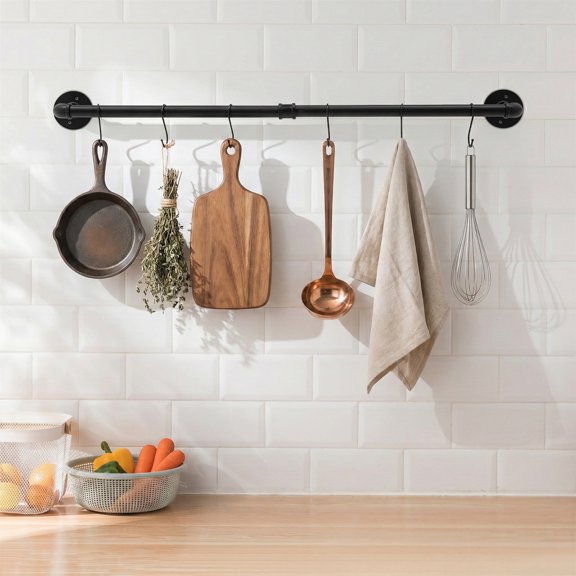 ChicHomey 40.6" Wall Mount Pot Rack,6-Hook Kitchen Hanging Organizer, 20 lbs Capacity,Black Iron For Hanging Pans Utensils Towels