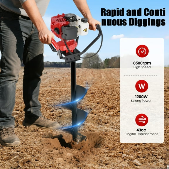 ChicHomey  43CC 8500RPM Gas-Powered Post Hole Digger with Manganese Steel Drill Bit, 2-Stage Gear Speed Change for Farming, Forestry, Fishing